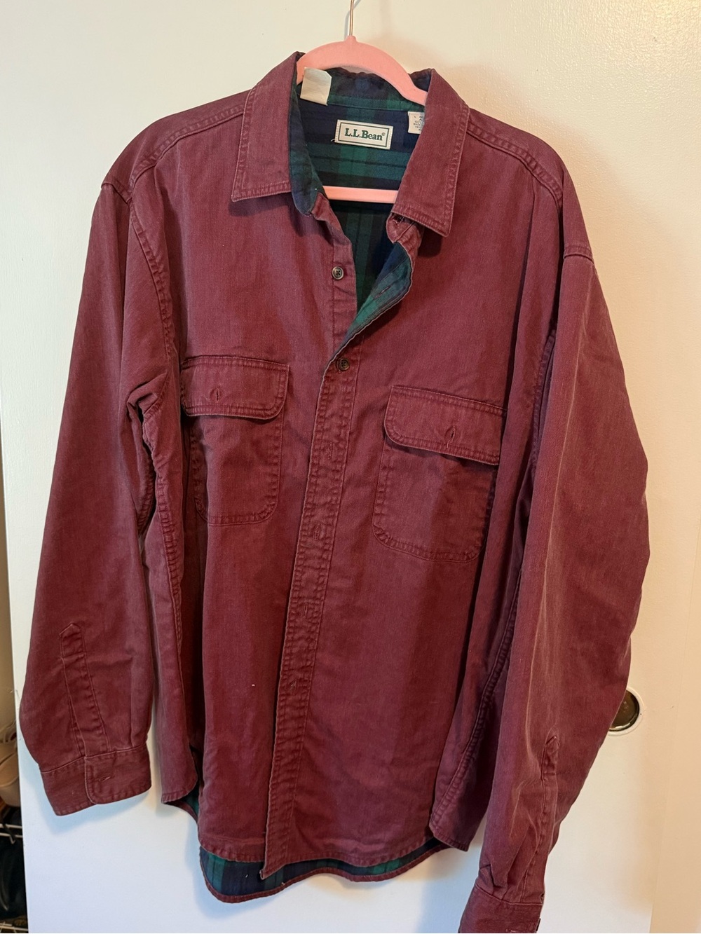 L.L. Bean Burgundy Shirt Jacket with Green & Navy Plaid Lining - Picture 2 of 5